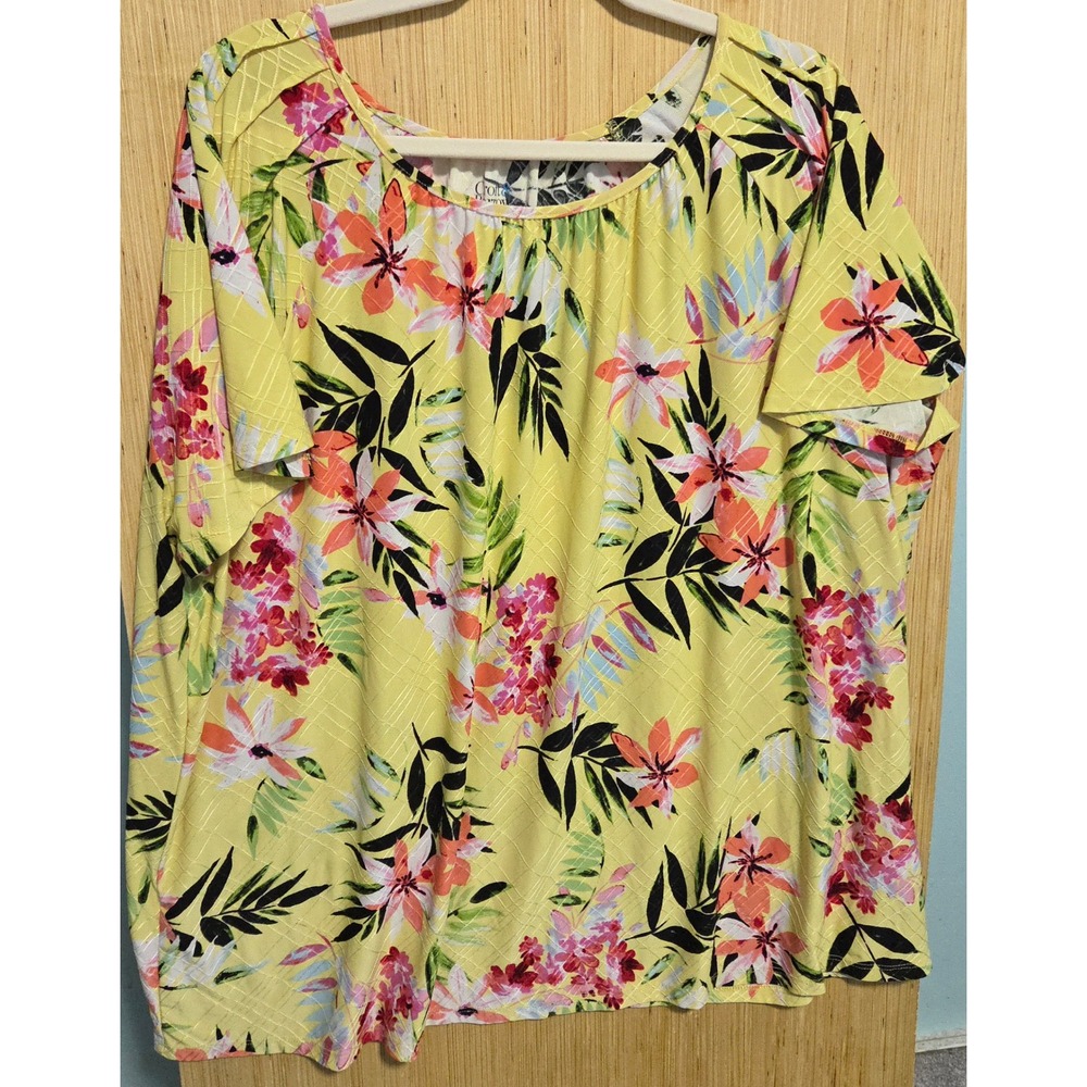 Croft & Barrow Womens 3X Yellow Tropical Floral Textured Scoop Neck Blouse Top
